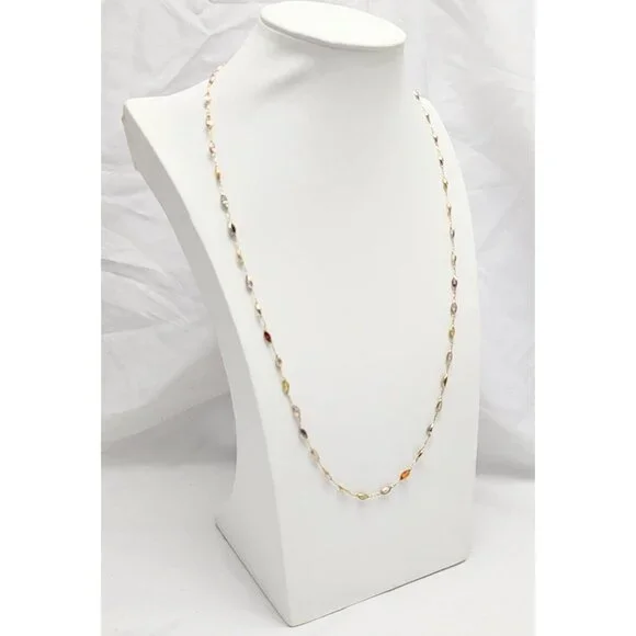 Unique 14K Solid Yellow Gold Multi Colored Gemstone Link Chain Necklace - 24" L